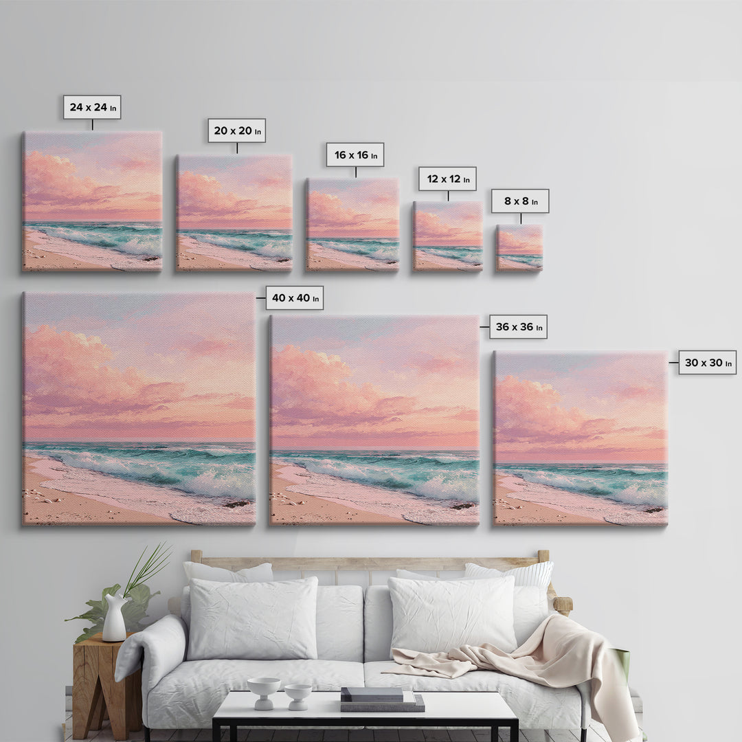 Pink Ocean Waves At Sunset Canvas Print, Pastel Coastal Wall Art, Beach House Decor, Large Living Room Wall Decor, Serene Seascape