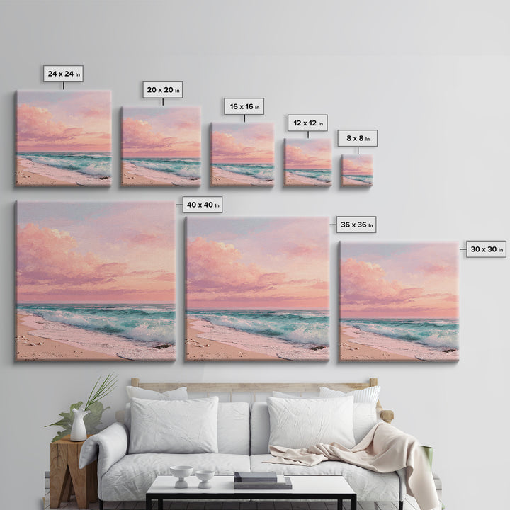 Pink Ocean Waves At Sunset Canvas Print, Pastel Coastal Wall Art, Beach House Decor, Large Living Room Wall Decor, Serene Seascape