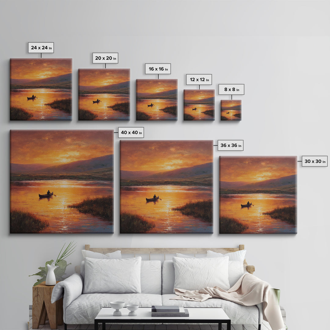 Golden Canoe At Sunset Lake Landscape Wall Art Canvas Print For Living Room Decor, Calming Nature Painting Home Decor