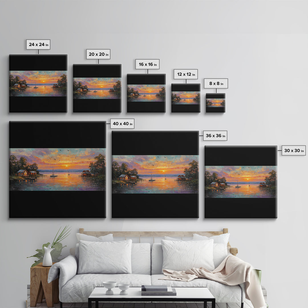 Sunset Lake Houses Palette Knife Painting Panoramic Wall Art Large Horizontal Canvas Print Coastal Wall Decor