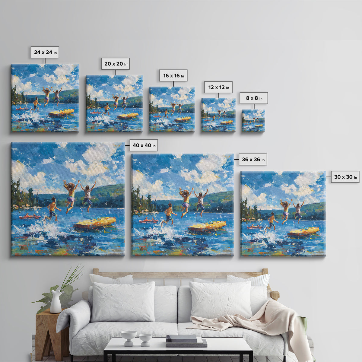 Kids Jumping Off Dock Lake Day Wall Art, Colorful Impressionist Summer Canvas Print, Playful Lake House Painting For Family Room Or Nursery