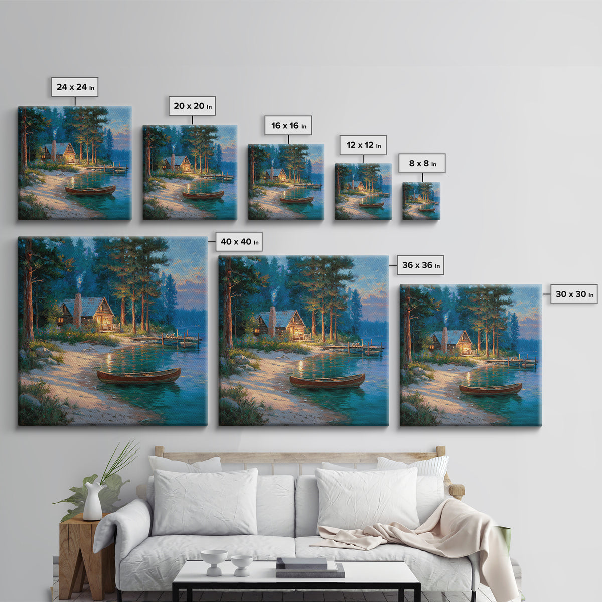 Cozy Lakeside Cabin At Dusk Landscape Wall Art Print, Rustic Lake House Home Decor, Nature Painting Living Room Wall Art