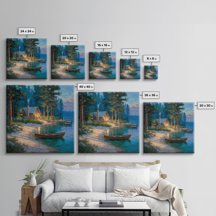 Cozy Lakeside Cabin At Dusk Landscape Wall Art Print, Rustic Lake House Home Decor, Nature Painting Living Room Wall Art