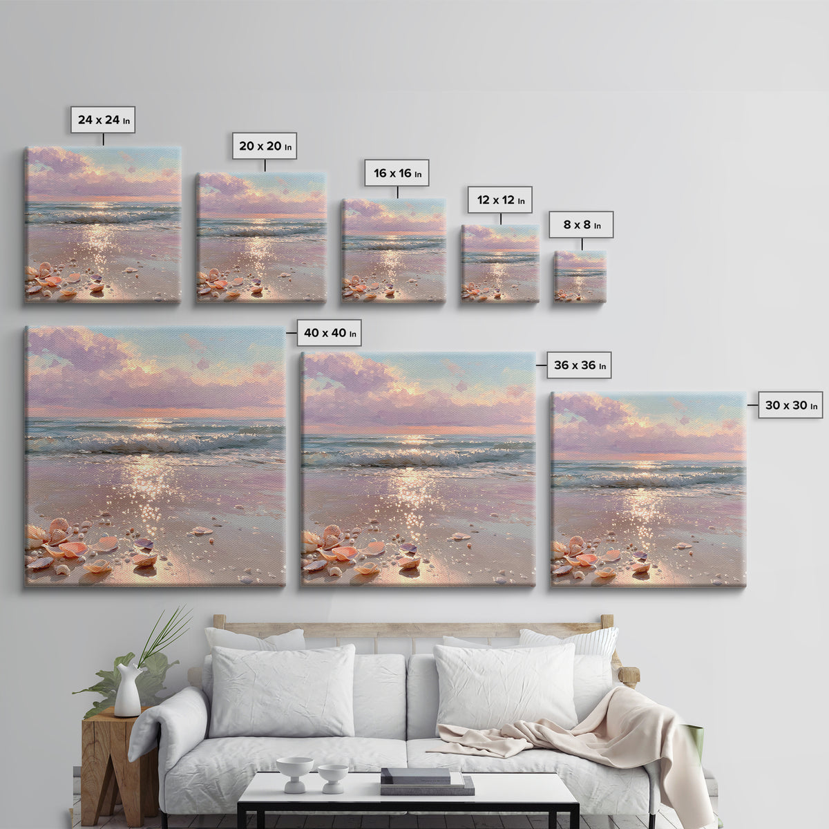 Sparkling Seashell Beach Sunrise Framed Canvas Print, Coastal Wall Art, Ocean Waves, Nautical Living Room Decor, Beach House Gift
