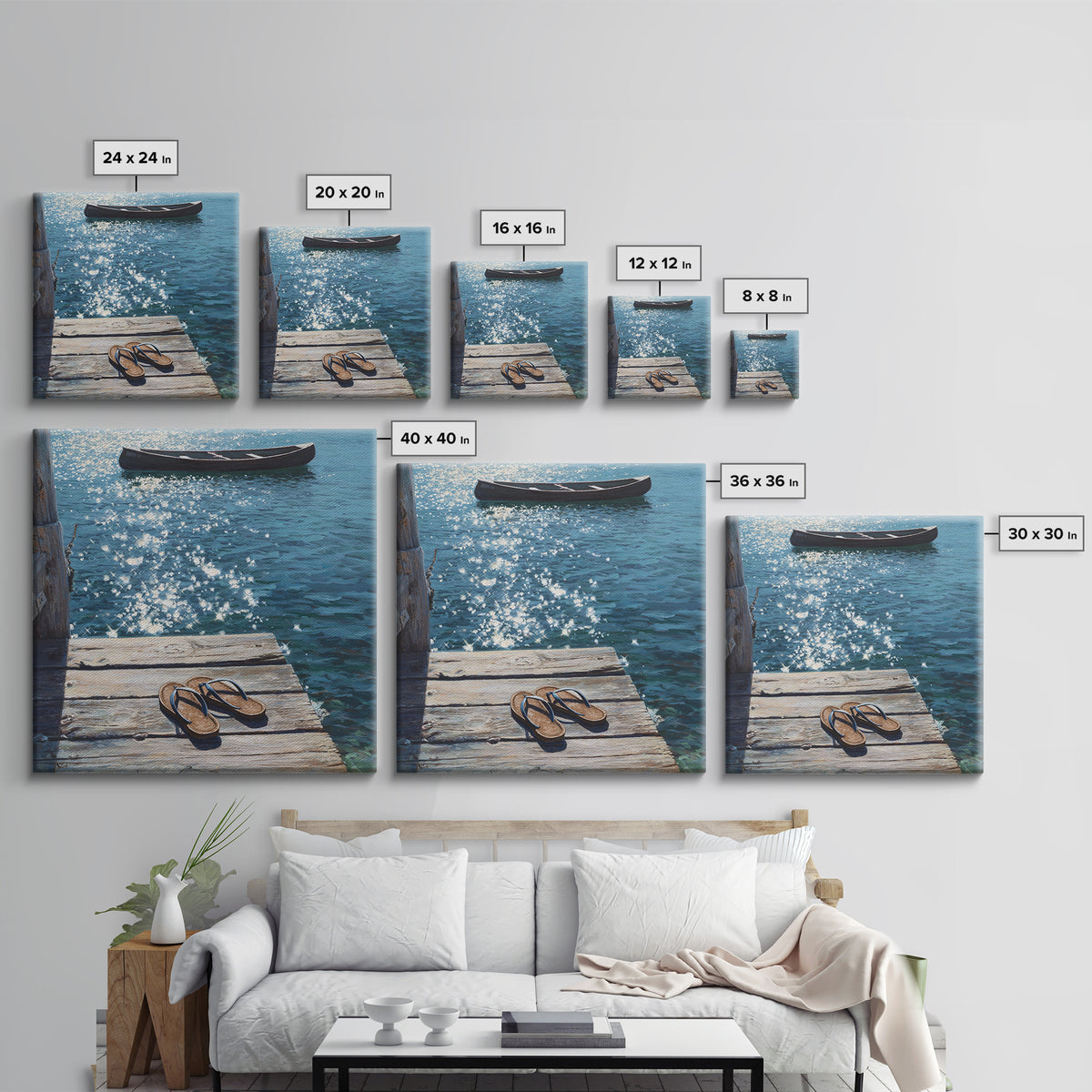 Sparkling Lake Dock With Boat Realism Wall Art, Coastal Summer Canvas Print, Beach House Decor Relaxing Ocean Lake Scene