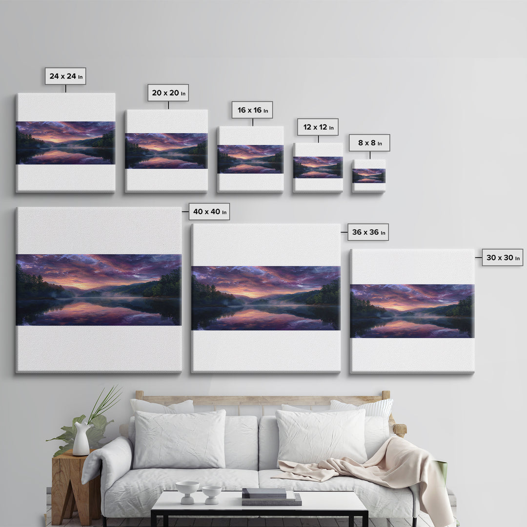 Panoramic Lake Sunset Landscape Wall Art, Reflective Sky Canvas Print, Calming Extra Wide Over Sofa Decor
