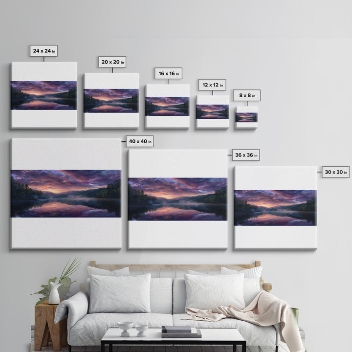 Panoramic Lake Sunset Landscape Wall Art, Reflective Sky Canvas Print, Calming Extra Wide Over Sofa Decor