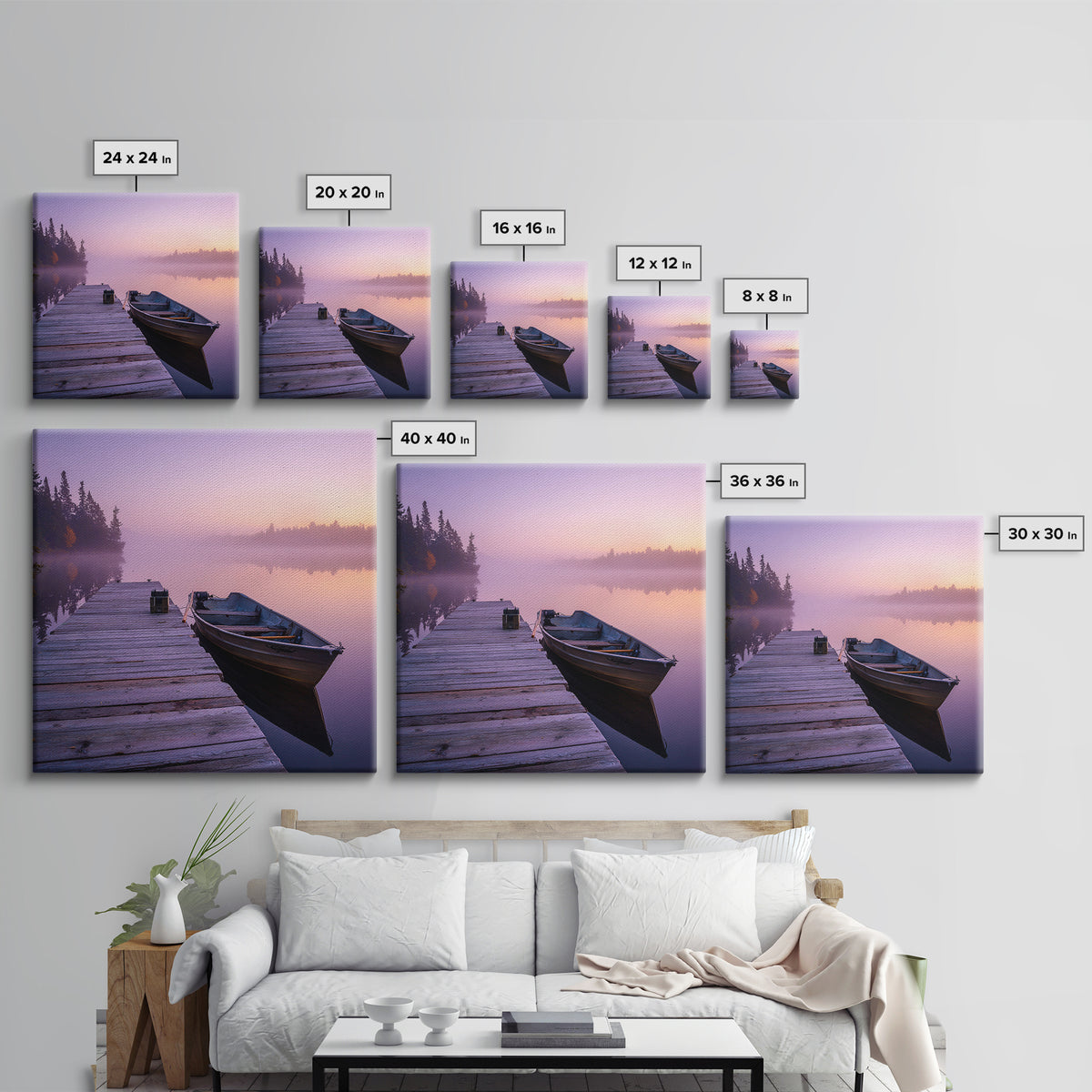 Serene Misty Lake Dock Wall Art, Calming Boat Landscape Canvas Print, Minimalist Nature Photography, Lake House Decor