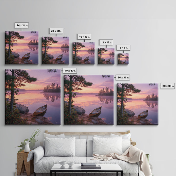 Canoe At Sunrise Lake Wall Art, Tranquil Morning Landscape Canvas Print, Nature Photography For Cabin Or Living Room Decor