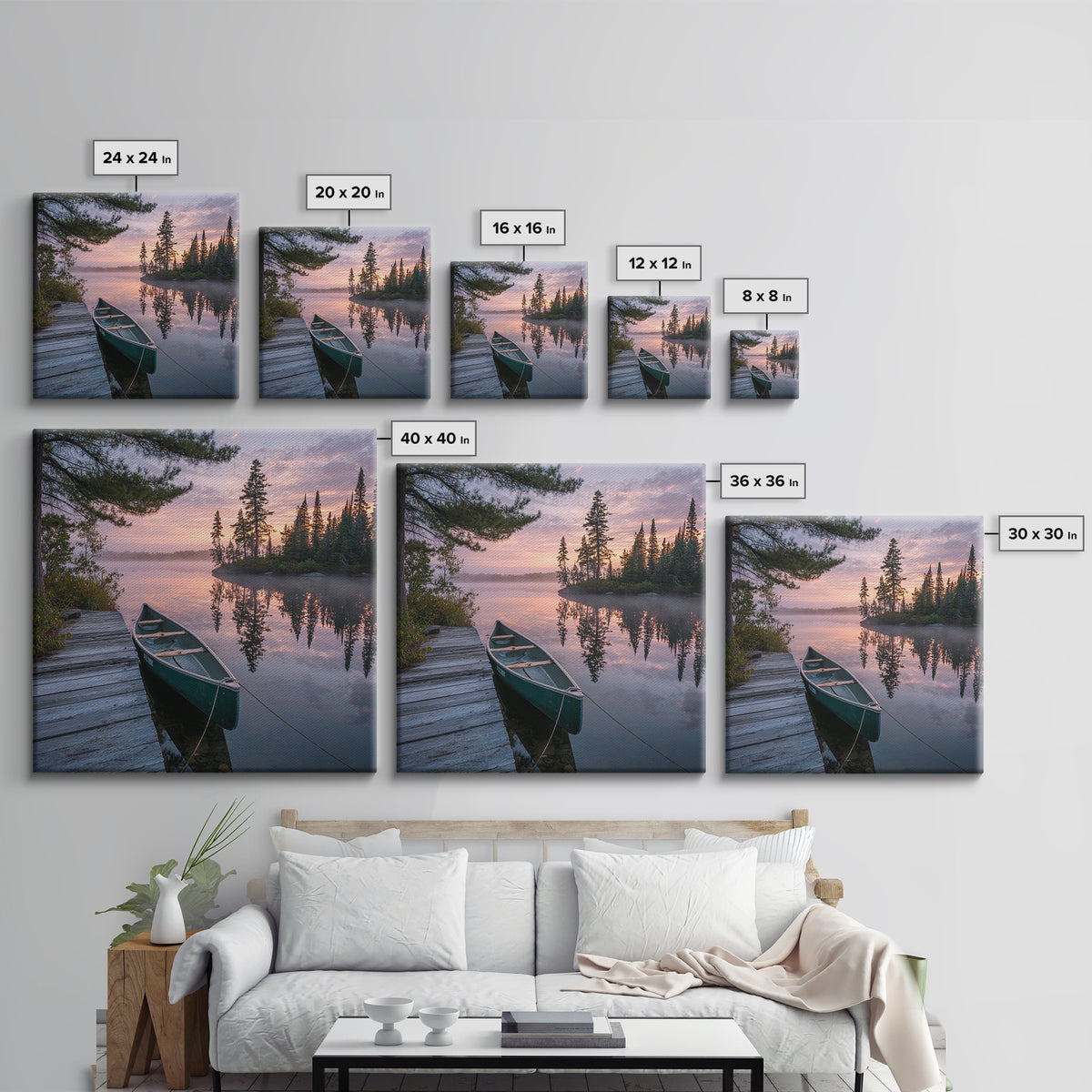 Tranquil Canoe At Sunrise Lake Landscape Wall Art Print, Serene Nature Photography, Cabin Rustic Home Decor Wall Art