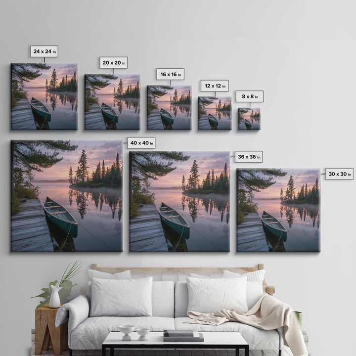 Tranquil Canoe At Sunrise Lake Landscape Wall Art Print, Serene Nature Photography, Cabin Rustic Home Decor Wall Art