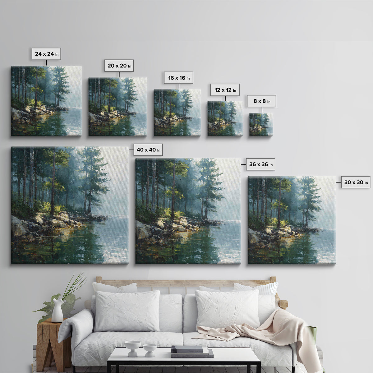 Misty Forest Lake Landscape Wall Art, Tranquil Nature Painting, Cabin Retreat Decor, Large Coastal Forest Canvas Print