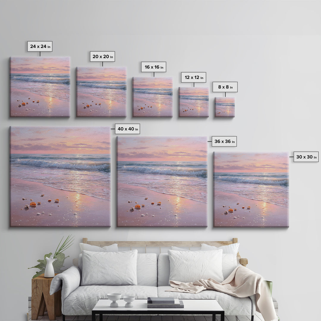 Pastel Sunset Ocean Shore With Seashells Canvas Print, Pink Coastal Wall Art, Beach House Decor, Calming Seascape, Living Room Wall Decor