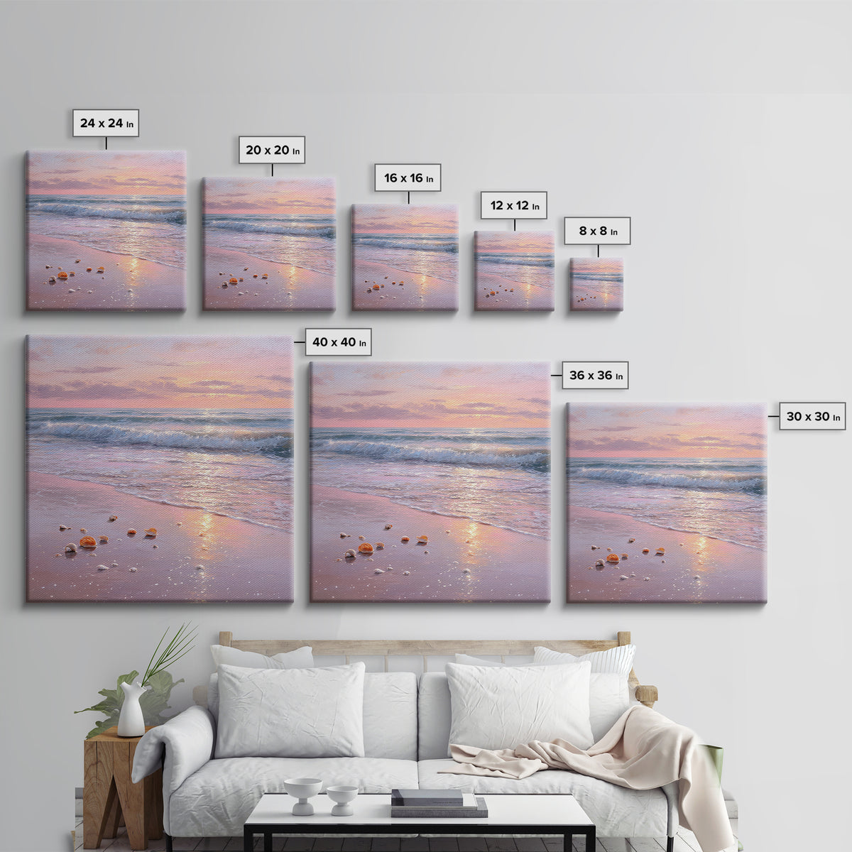Pastel Sunset Ocean Shore With Seashells Canvas Print, Pink Coastal Wall Art, Beach House Decor, Calming Seascape, Living Room Wall Decor