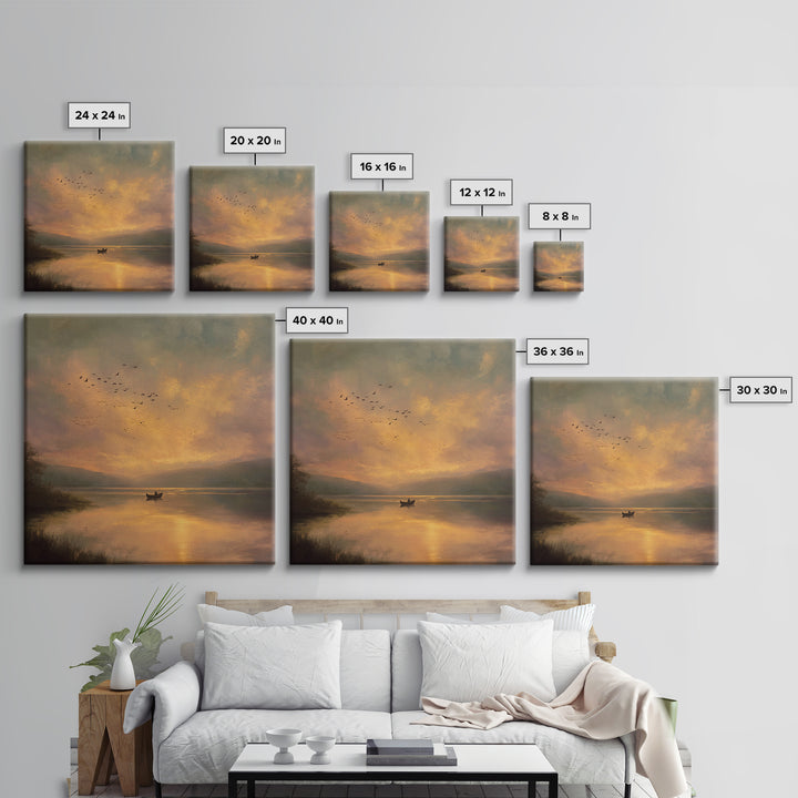 Golden Sunset Rowboat Landscape Wall Art, Romantic Lake Canvas Print For Cozy Living Room Decor And Bedroom Wall