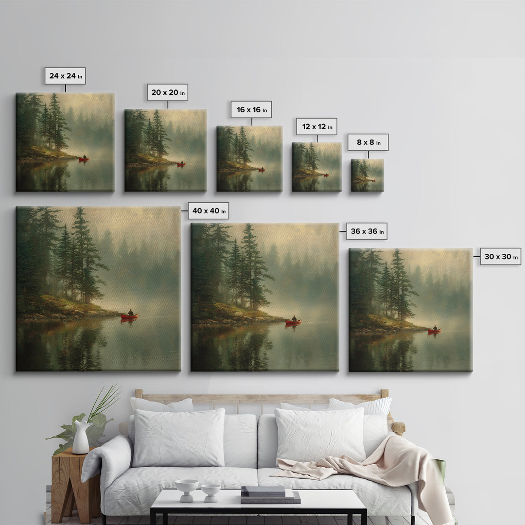 Misty Forest Lake With Red Canoe Wall Art, Peaceful Morning Landscape Canvas Print, Cozy Cabin Decor Artwork
