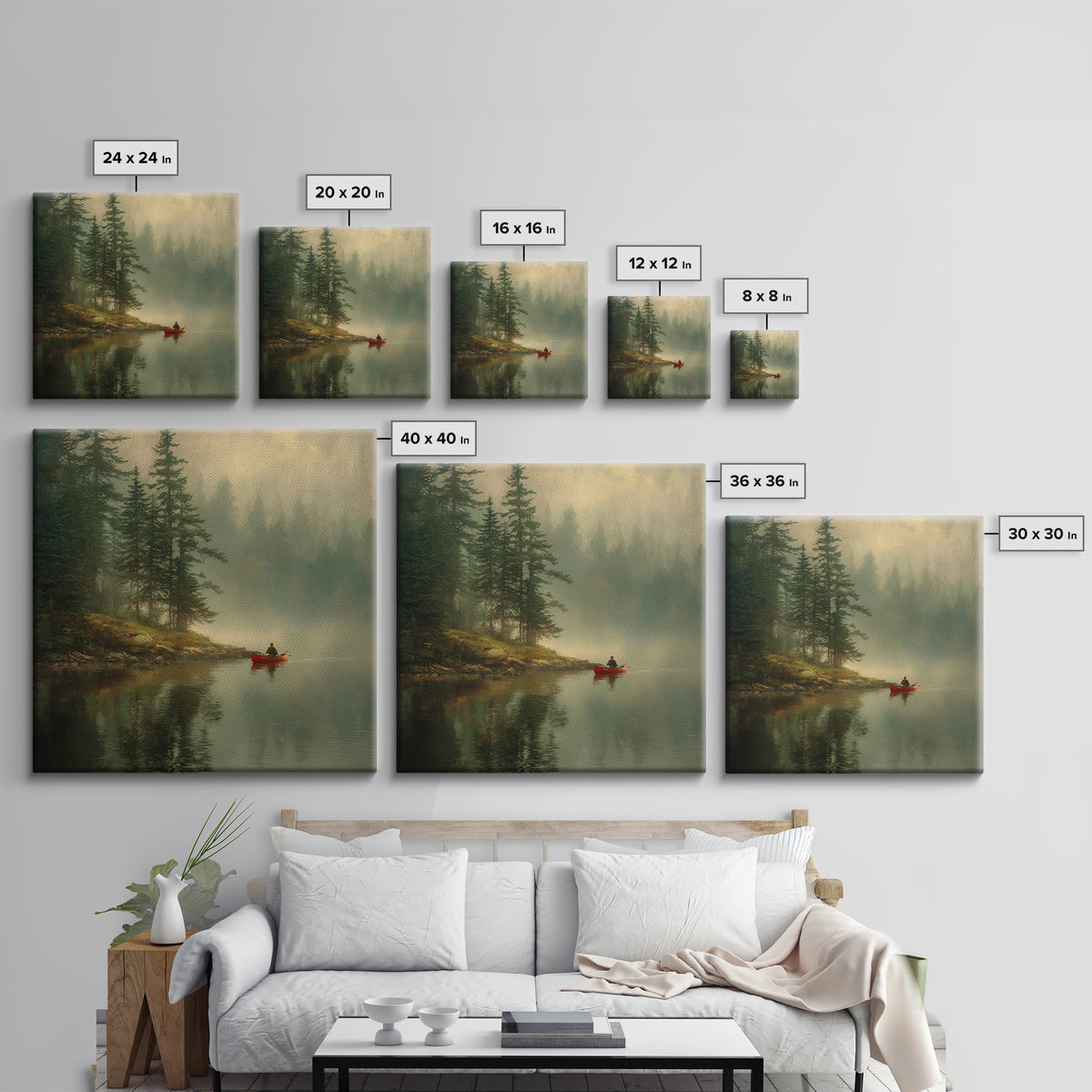 Misty Forest Lake With Red Canoe Wall Art, Peaceful Morning Landscape Canvas Print, Cozy Cabin Decor Artwork