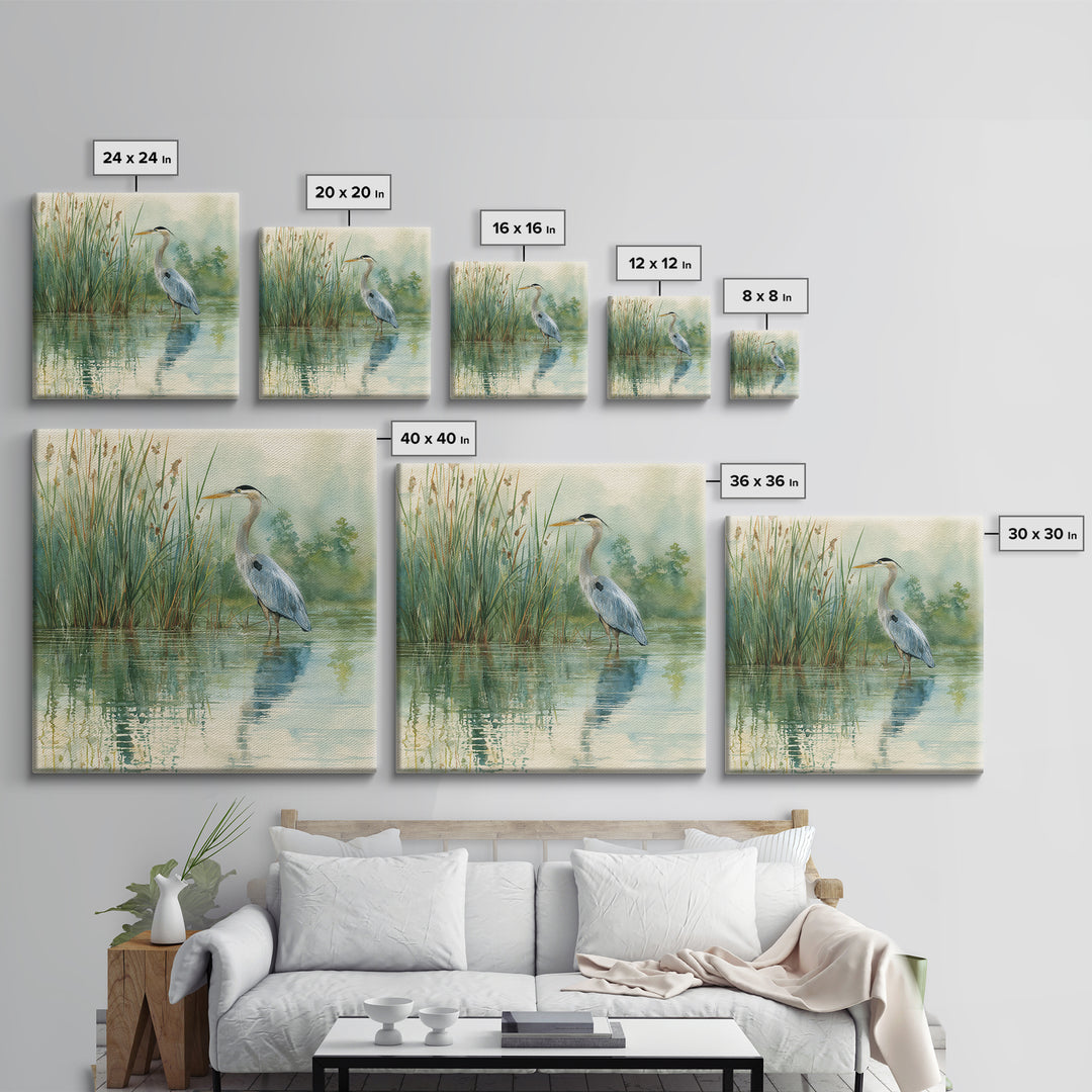 Heron Marsh Watercolor Wall Art, Nature Bird Canvas Print, Tranquil Coastal Landscape Art For Bathroom Or Living Room