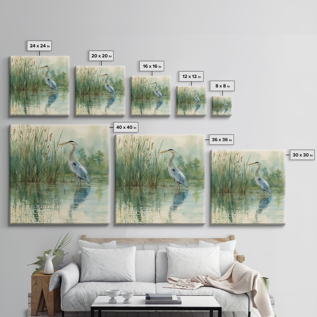 Heron Marsh Watercolor Wall Art, Nature Bird Canvas Print, Tranquil Coastal Landscape Art For Bathroom Or Living Room