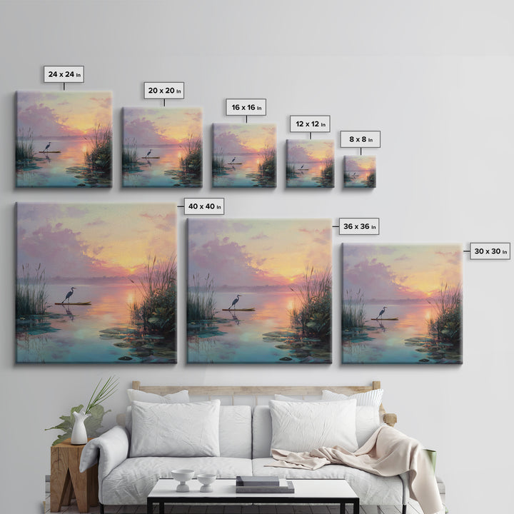 Pastel Lake Sunrise Heron Reeds And Lilies Landscape Wall Art Canvas Print Calming Nature Home Decor Bedroom Wall Art