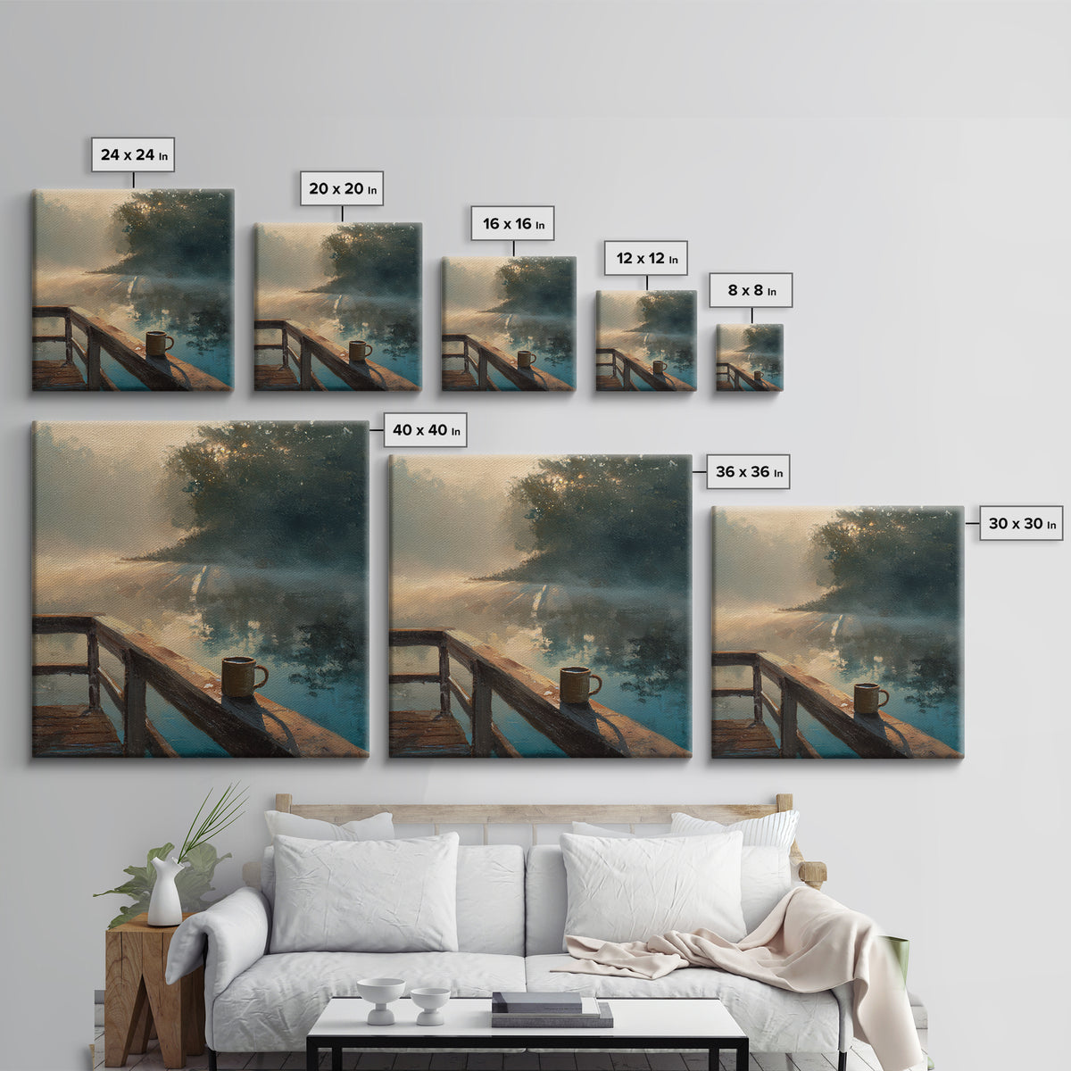 Misty Lake Morning Dock Wall Art, Coffee Mug By Water, Calming Landscape Canvas Print For Bedroom Or Living Room Decor