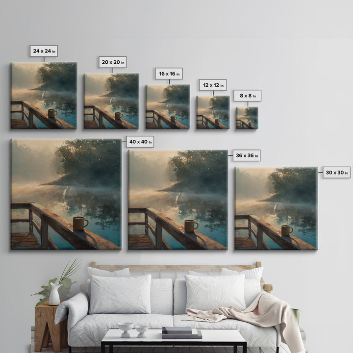 Misty Lake Morning Dock Wall Art, Coffee Mug By Water, Calming Landscape Canvas Print For Bedroom Or Living Room Decor