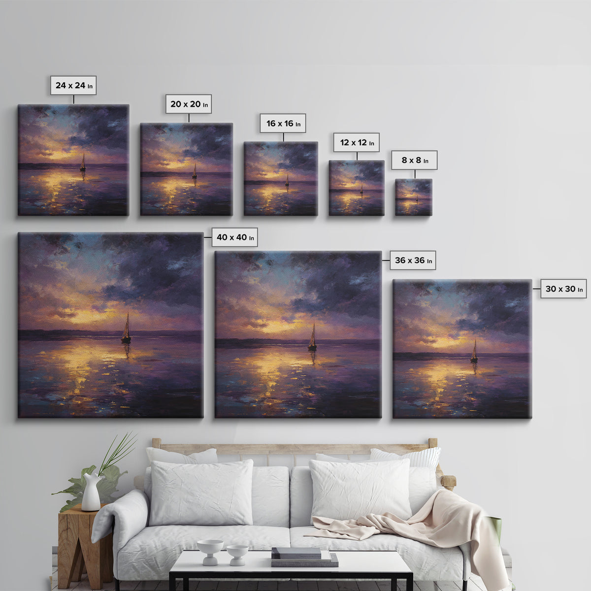 Moody Sailboat Sunset Oil Painting Wall Art, Impressionist Seascape Canvas Print, Calming Coastal Decor For Bedroom Or Living Room
