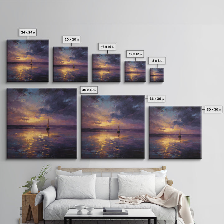 Moody Sailboat Sunset Oil Painting Wall Art, Impressionist Seascape Canvas Print, Calming Coastal Decor For Bedroom Or Living Room