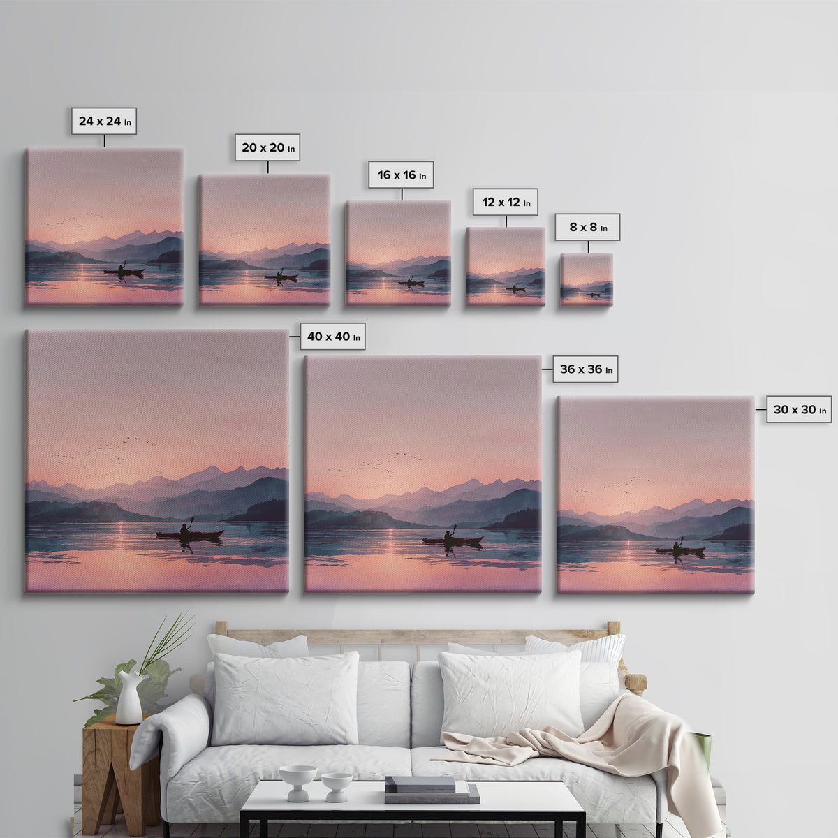 Serene Kayak At Pink Mountain Sunrise Landscape Wall Art, Calming Lake Painting, Nature Home Decor Canvas Print