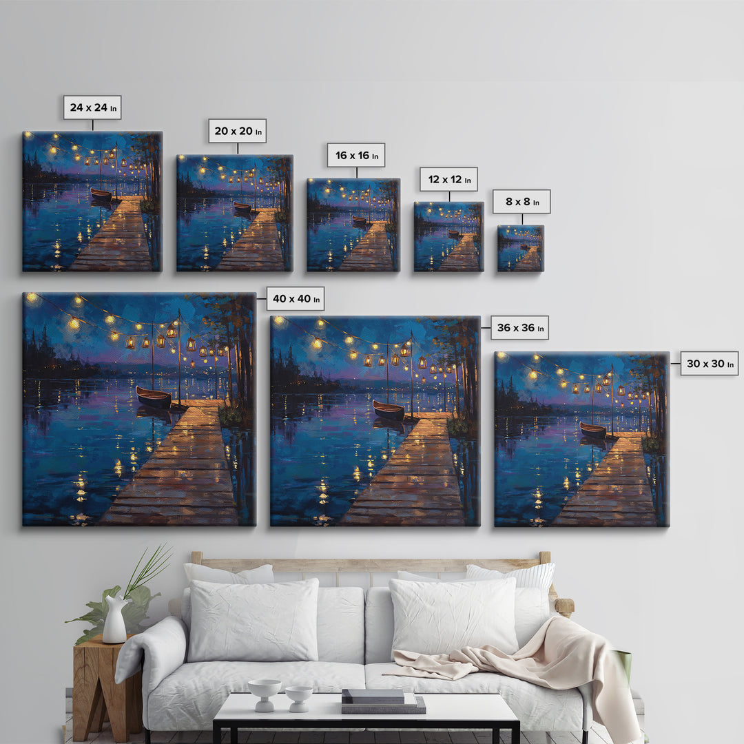 Romantic Lakeside Dock At Night Boat Lights Reflections Wall Art Canvas Print Modern Coastal Home Decor Living Room Wall Art