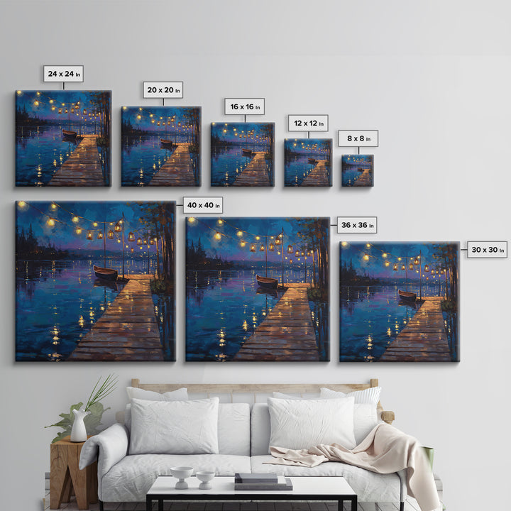 Romantic Lakeside Dock At Night Boat Lights Reflections Wall Art Canvas Print Modern Coastal Home Decor Living Room Wall Art