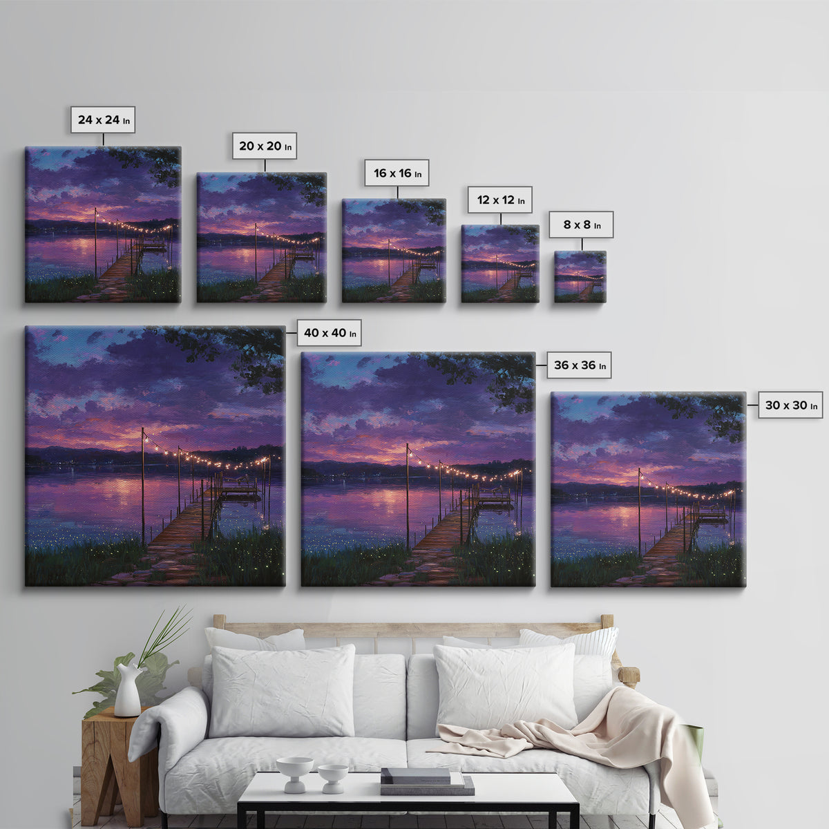 Magical Lakeside Dock At Twilight Wall Art, Firefly Lake Sunset Painting, Calming Landscape Canvas Print Home Decor