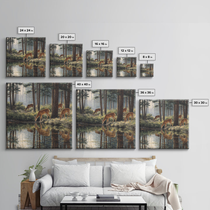 Deer Drinking At Forest Lake Wall Art, Peaceful Wildlife Landscape Canvas Print, Rustic Cabin Decor, Nature Inspired Living Room Art