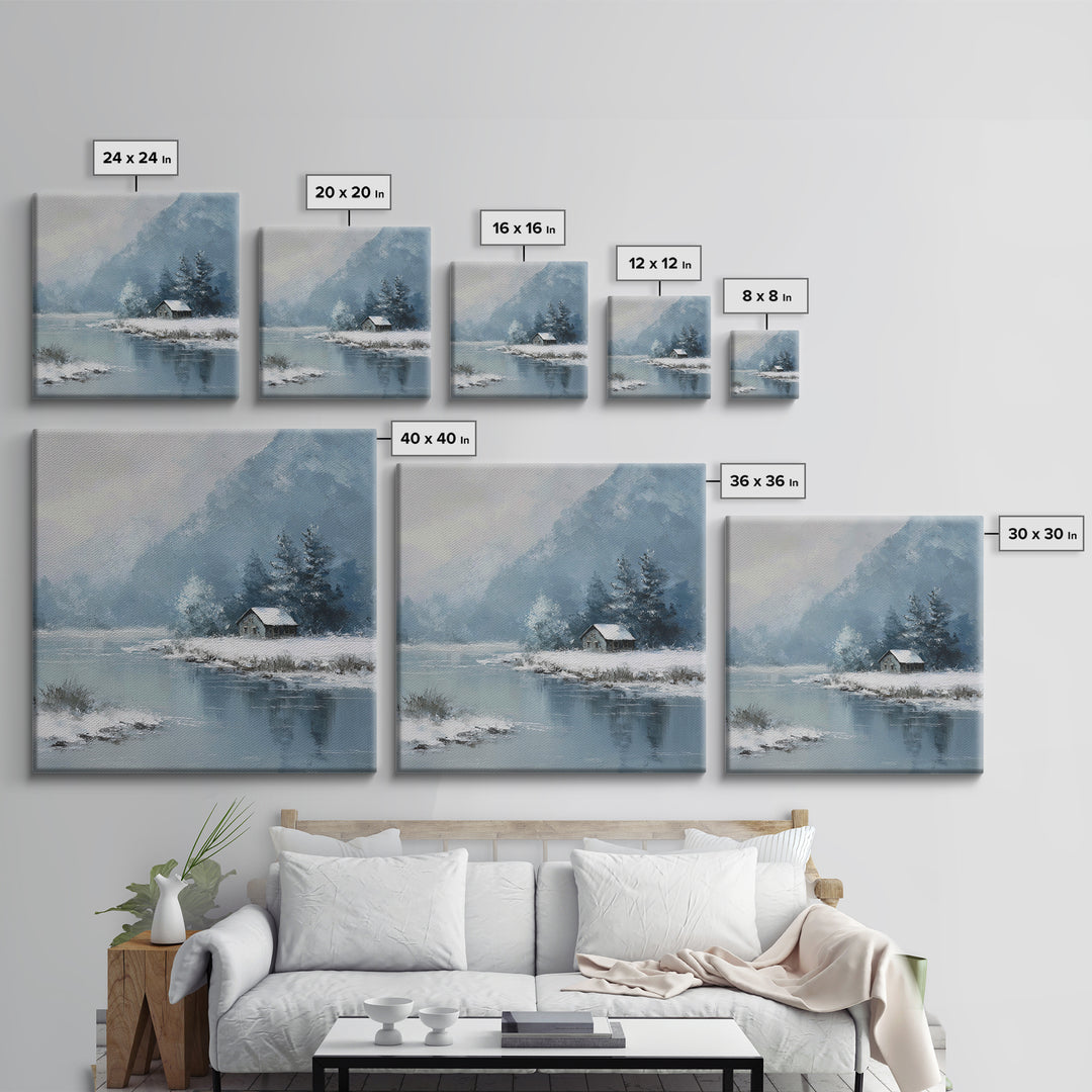 Winter Cabin By Lake Wall Art, Snowy Mountain Landscape Canvas Print, Cozy Rustic Home Decor For Living Room Or Cabin