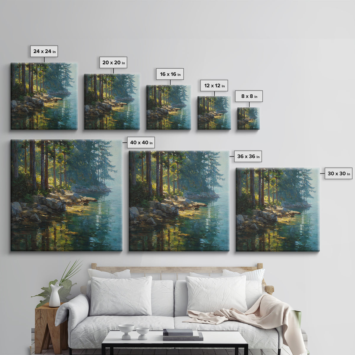 Sunlit Forest Lake With Reflections Landscape Wall Art, Nature Painting For Cabin Or Living Room, Canvas Print