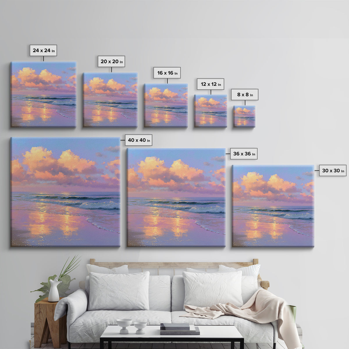 Pastel Ocean Sunset With Peach Clouds Canvas Print, Coastal Wall Art, Beach House Decor, Serene Living Room Seascape Wall Decor