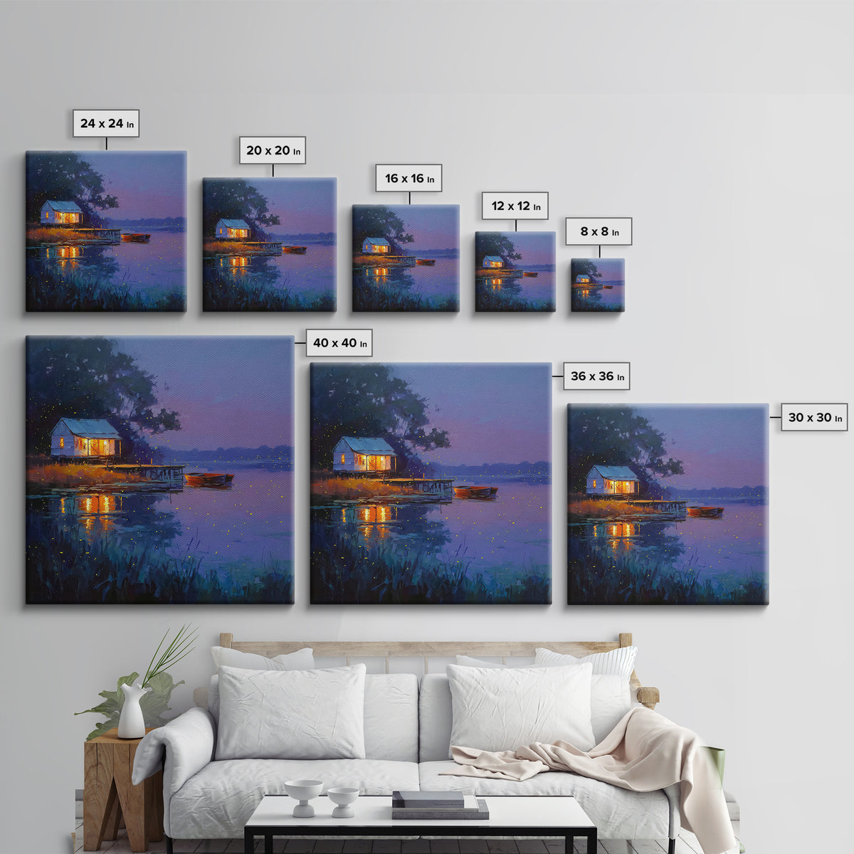 Cozy Lake Cabin At Dusk Framed Canvas Print, Fireflies Over Water Landscape Art, Rustic Wall Art For Cottage Or Living Room