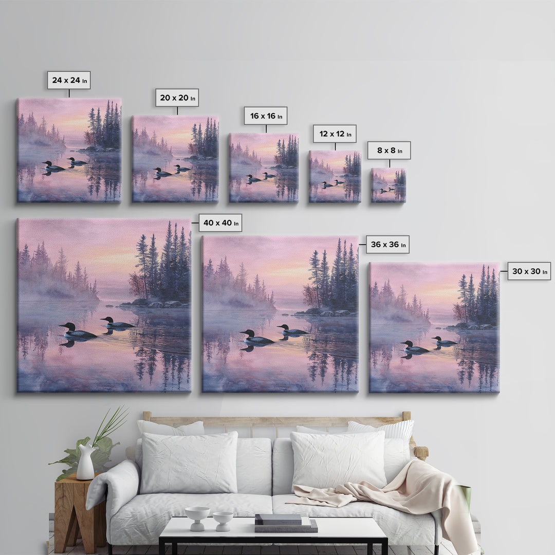 Misty Loon Lake Sunrise Wall Art, Tranquil Forest Landscape Canvas Print, Serene Cabin Decor, Peaceful Lake House Bedroom Art