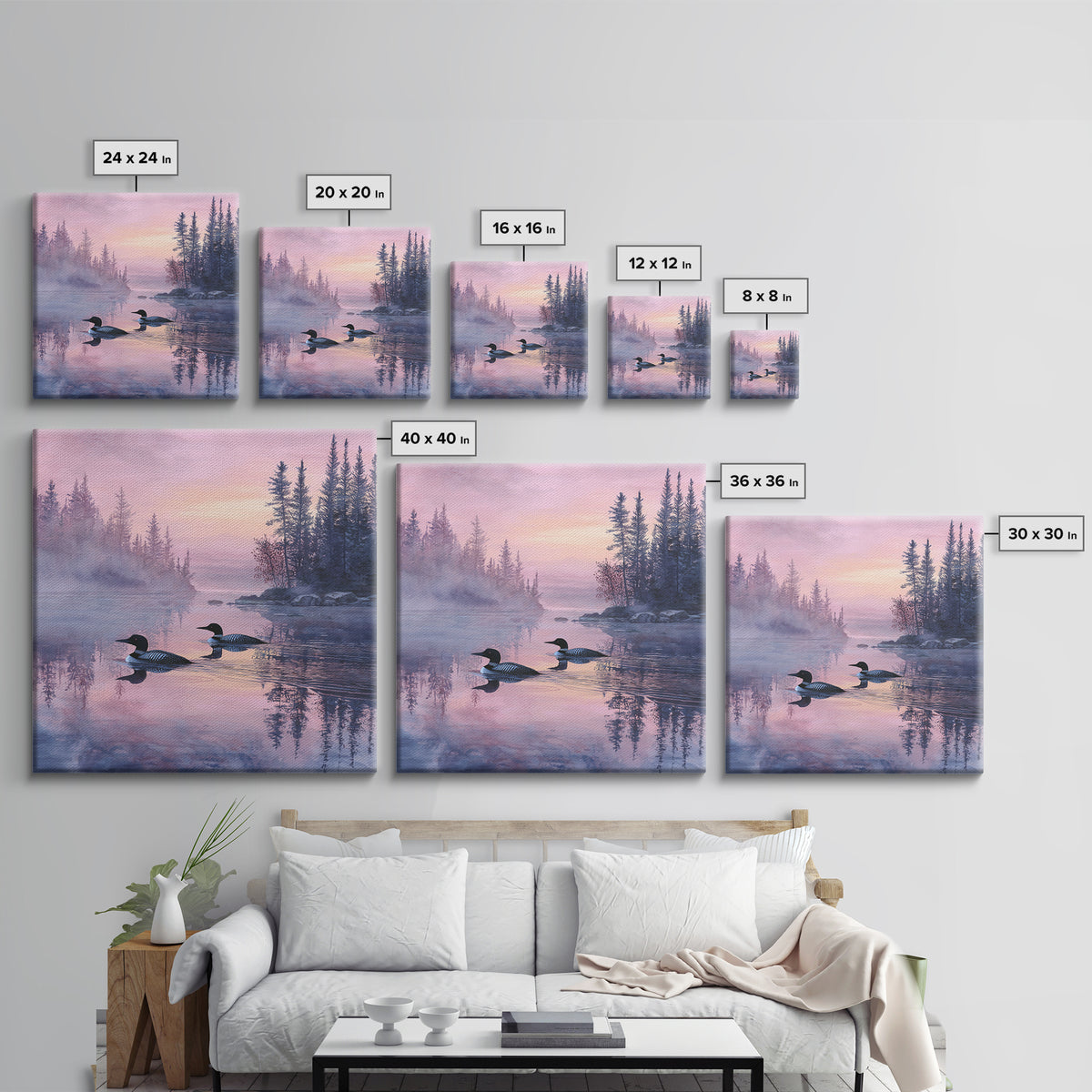 Misty Loon Lake Sunrise Wall Art, Tranquil Forest Landscape Canvas Print, Serene Cabin Decor, Peaceful Lake House Bedroom Art