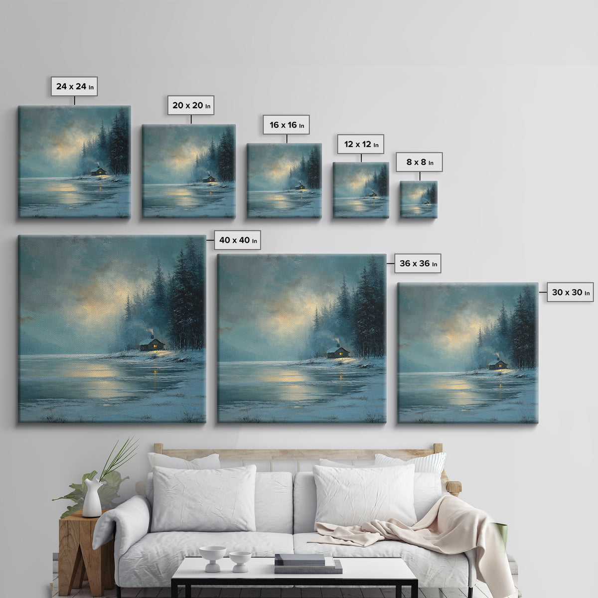 Cozy Winter Cabin By Frozen Lake Wall Art, Snowy Forest Landscape Framed Canvas Print, Rustic Cabin Decor, Calming Artwork