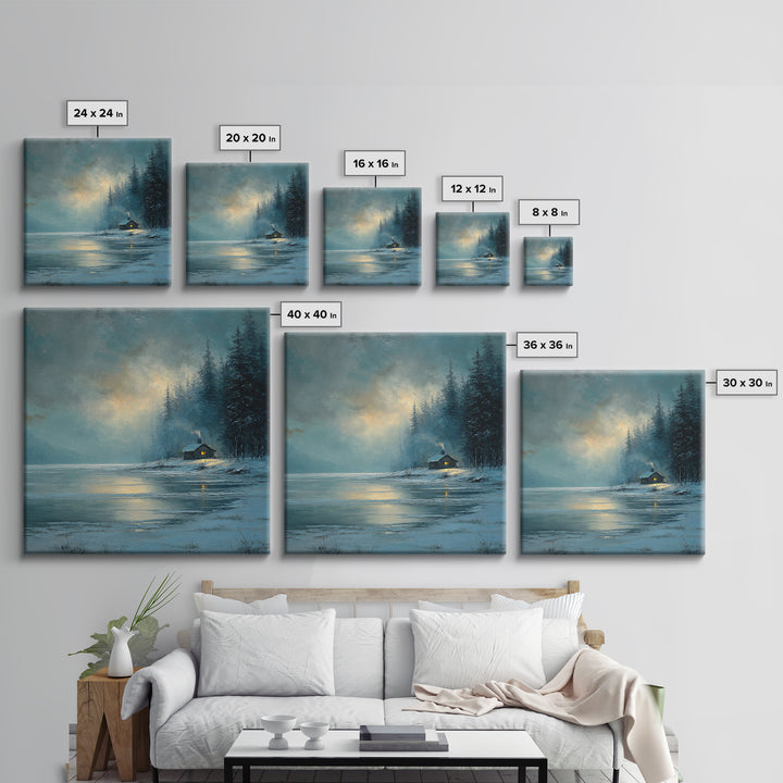 Cozy Winter Cabin By Frozen Lake Wall Art, Snowy Forest Landscape Framed Canvas Print, Rustic Cabin Decor, Calming Artwork