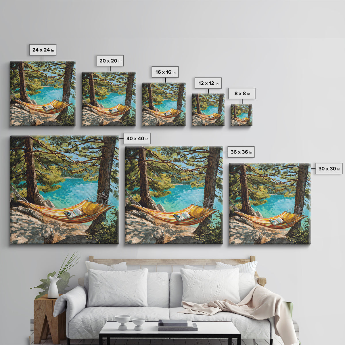 Hammock By Turquoise Lake Wall Art, Cozy Reading Nook In Pines Painting Print, Summer Cabin Home Decor Framed Canvas Print