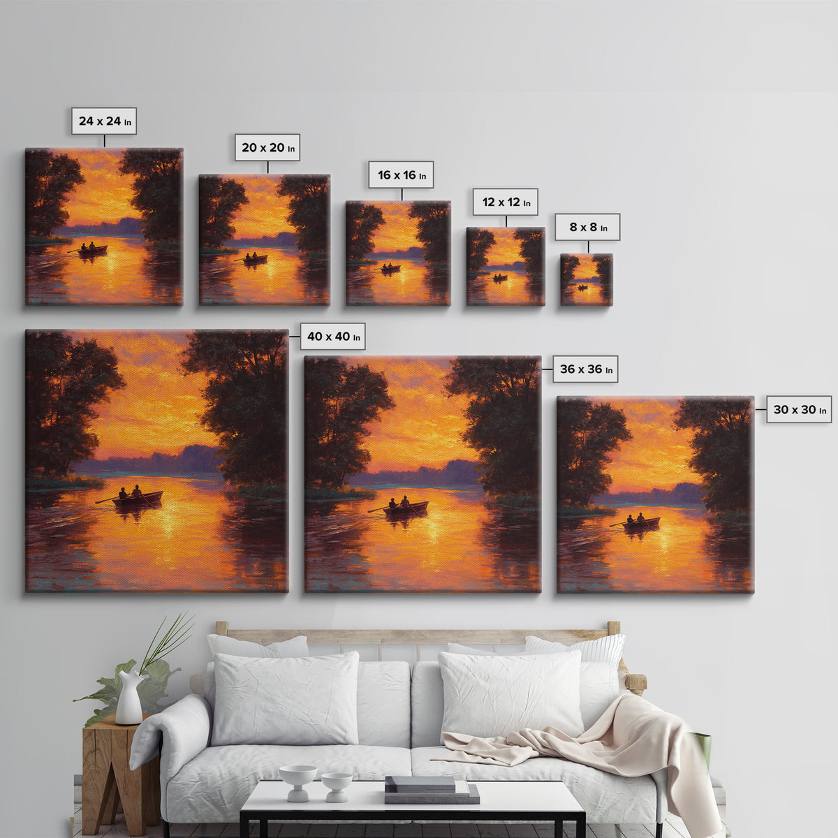 Couple Rowing Boat At Glowing Sunset Wall Art, Romantic Lake Landscape Canvas Print, Warm Living Room Home Decor