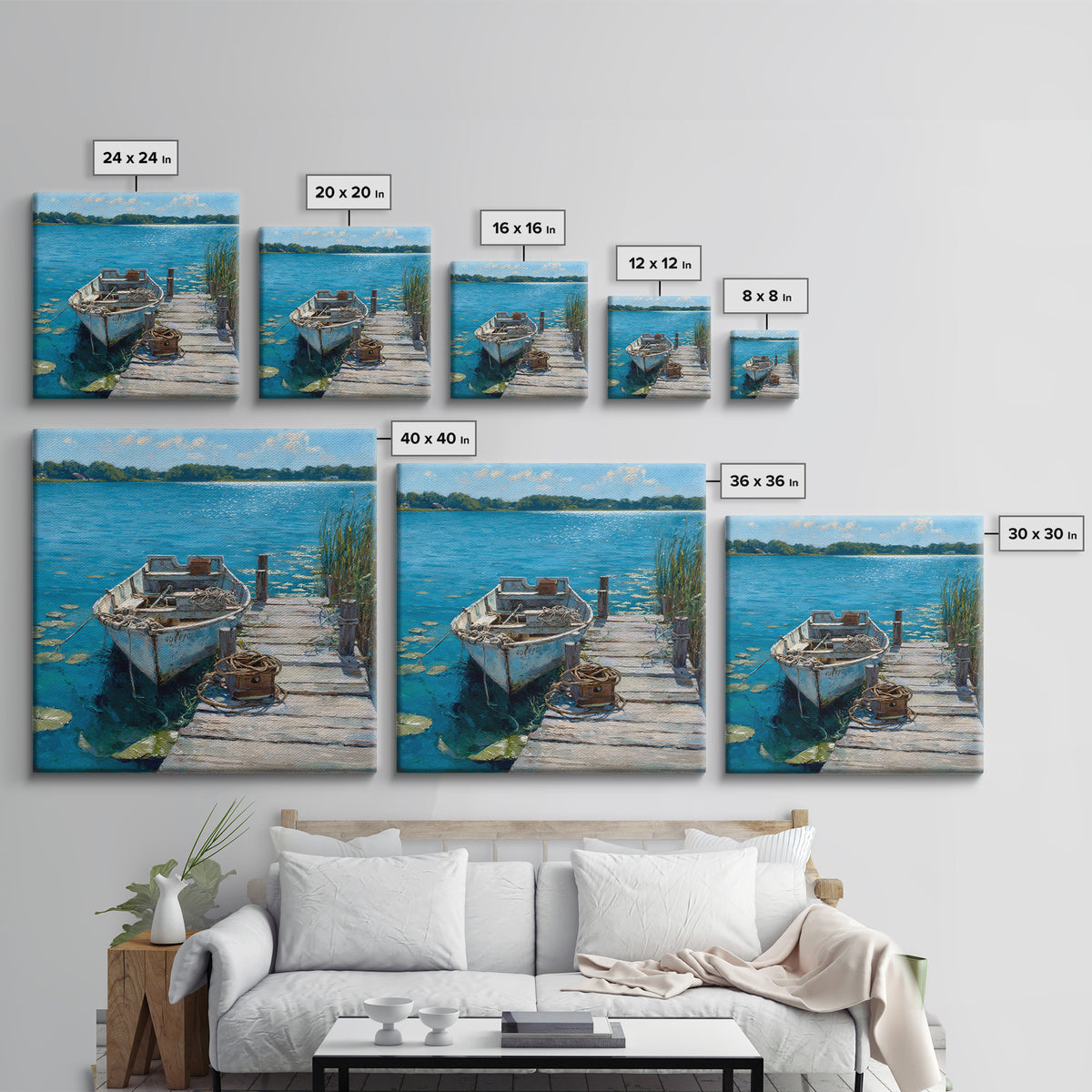 Serene Rowboat Lake Landscape Wall Art For Beach House Decor, Coastal Seascape Canvas Print, Nautical Living Room Artwork