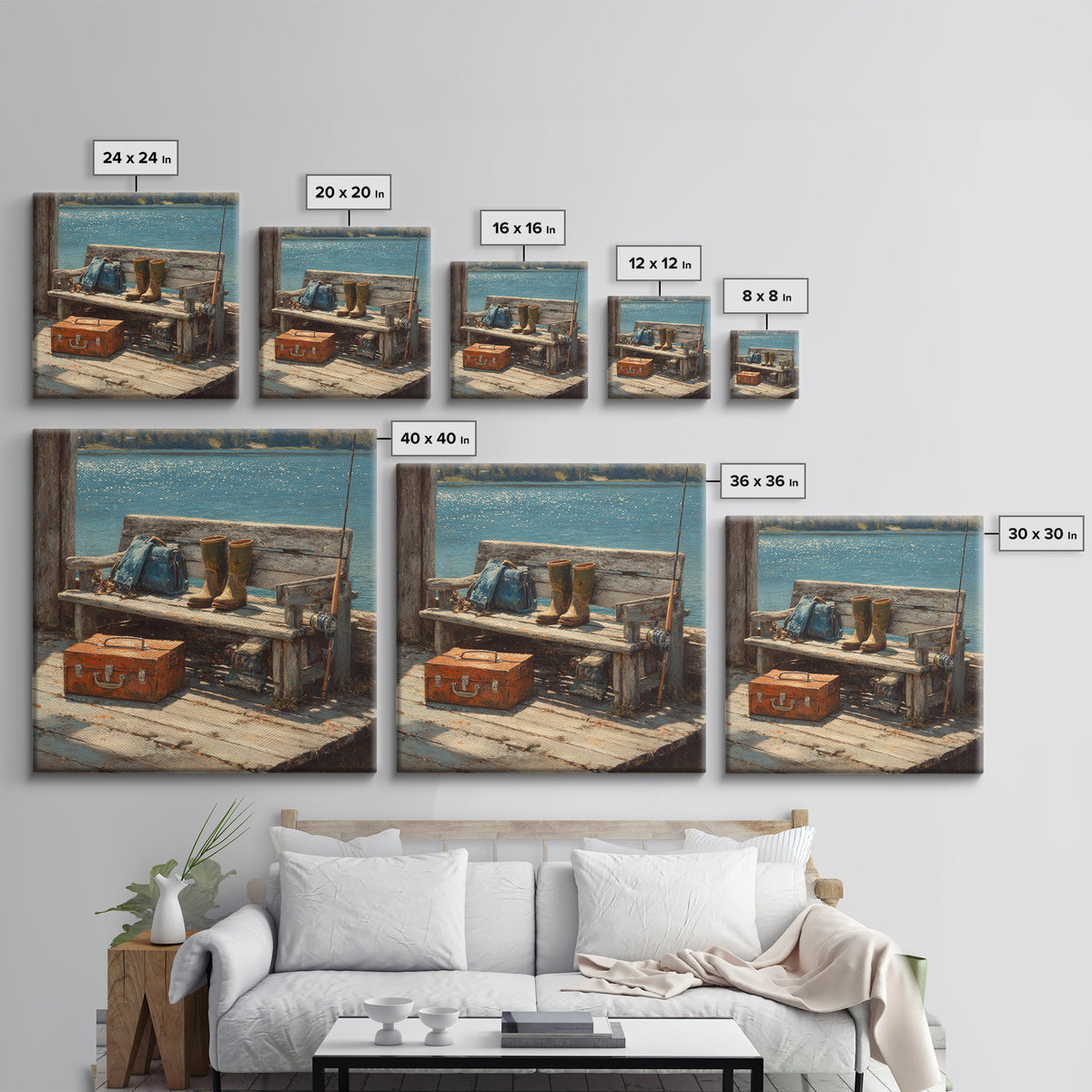 Rustic Fishing Dock Bench Wall Art, Lake Cabin Waterfront Canvas Print, Coastal Country Home Decor