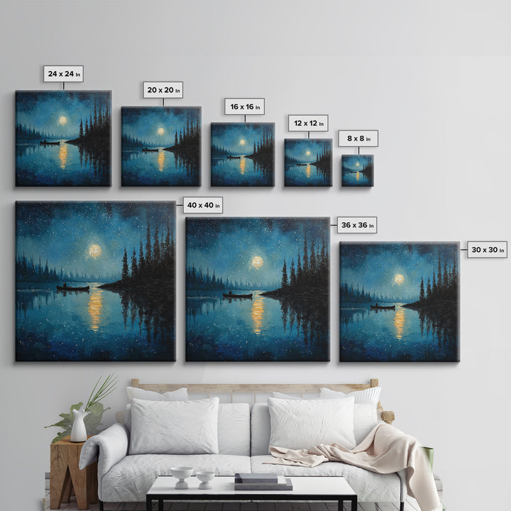 Moonlit Lake Canoe Night Landscape Wall Art, Starry Sky Reflection Print, Calming Nature Decor For Bedroom Wall Art