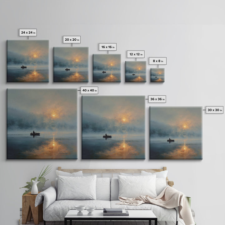 Misty Lake Sunrise Fisher In Boat Landscape Wall Art, Calming Nature Canvas Print, Modern Home Decor Living Room Art