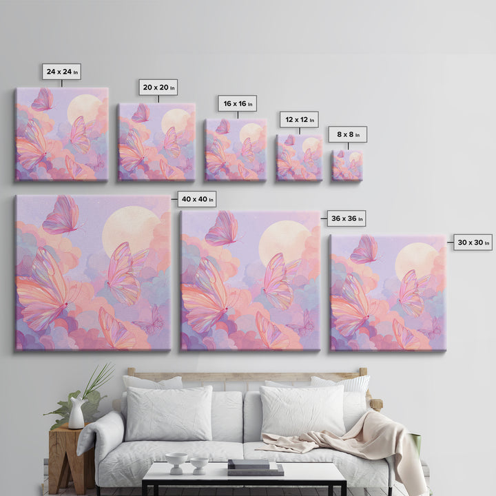 Pastel Pink Butterflies Moon Wall Art, Dreamy Celestial Canvas Print, Coquette Nursery Decor, Whimsical Bedroom Art Gift For Her