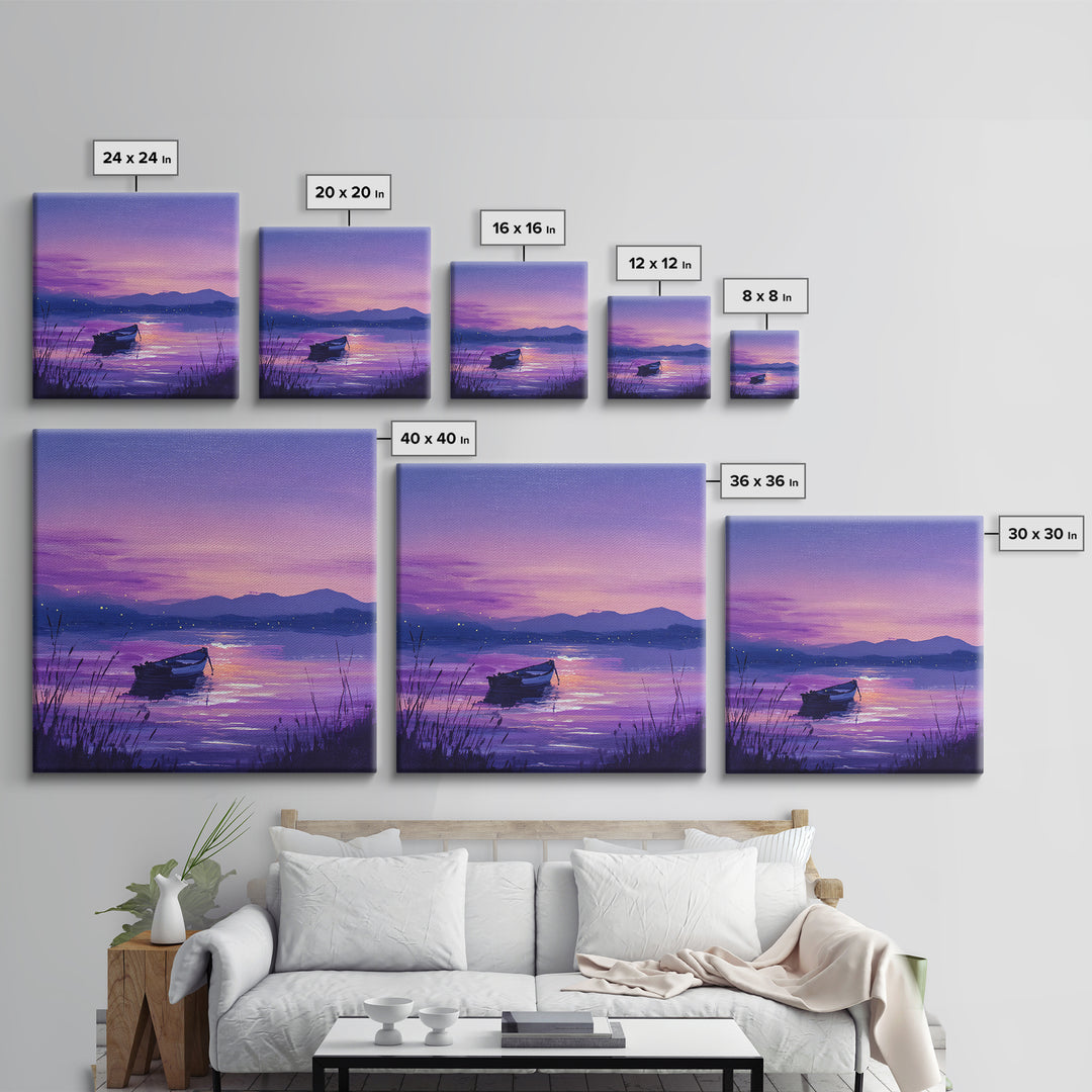 Purple Twilight Lake Boat Wall Art, Serene Sunset Landscape Canvas Print For Living Room Decor, Calming Modern Home Decor