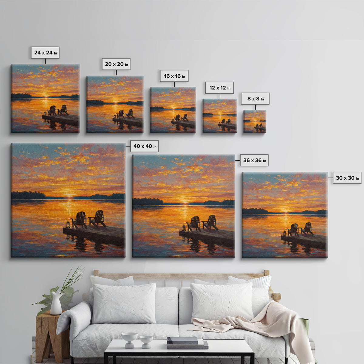 Lakeside Sunset With Adirondack Chairs Painting Wall Art, Romantic Lake Landscape Print, Cozy Cabin Summer Home Decor